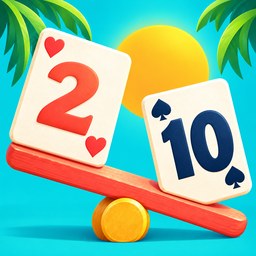 Caribbean Seesaw app icon: two playing cards balanced on a seesaw under a tropical sun