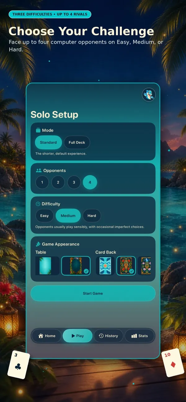 Solo setup with deck mode, number of opponents, difficulty and table appearance.