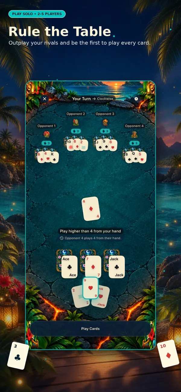 A solo game against four computer opponents, with your hand and face-up cards at the bottom of the island table.