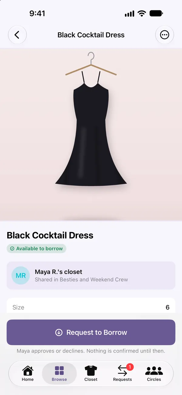 Item detail for a black cocktail dress with a Request to Borrow button.