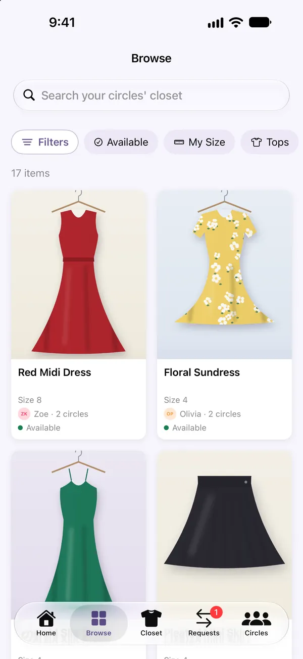 Browse screen with search, size and availability filters over shared items.