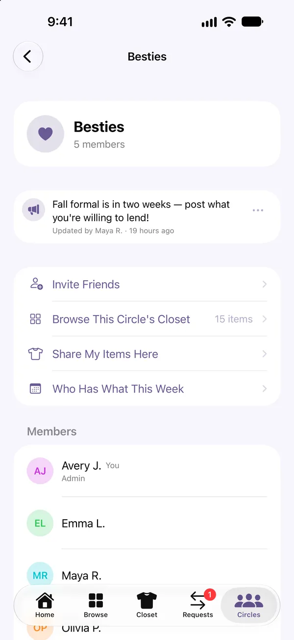A circle called Besties with its members, an announcement and invite options.