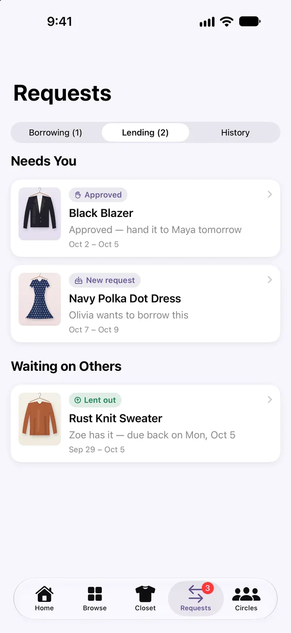 Requests screen listing an approved request, a new request, and an item due back.