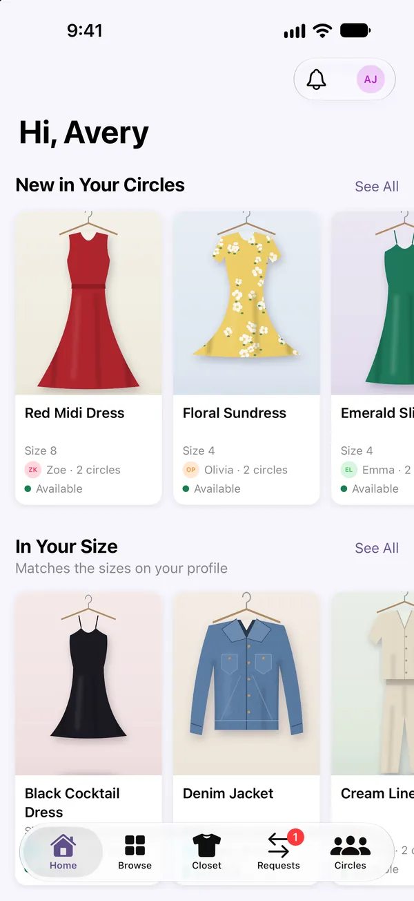 Home screen showing new items in your circles, such as a red midi dress and a floral sundress, and items in your size.
