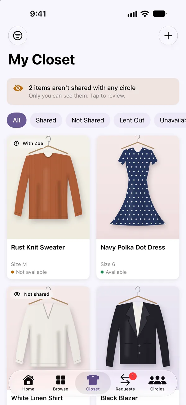 My Closet showing which items are shared, not shared or lent out.