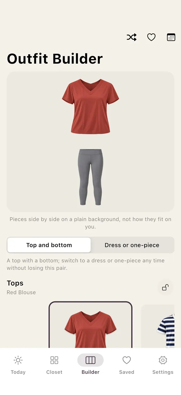 Outfit Builder pairing a red blouse with grey trousers.