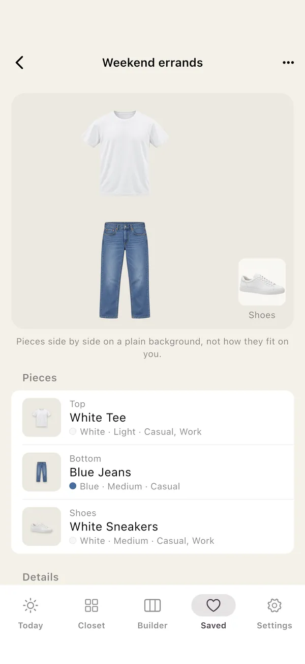A saved outfit of a white tee, blue jeans and white sneakers with its list of pieces.