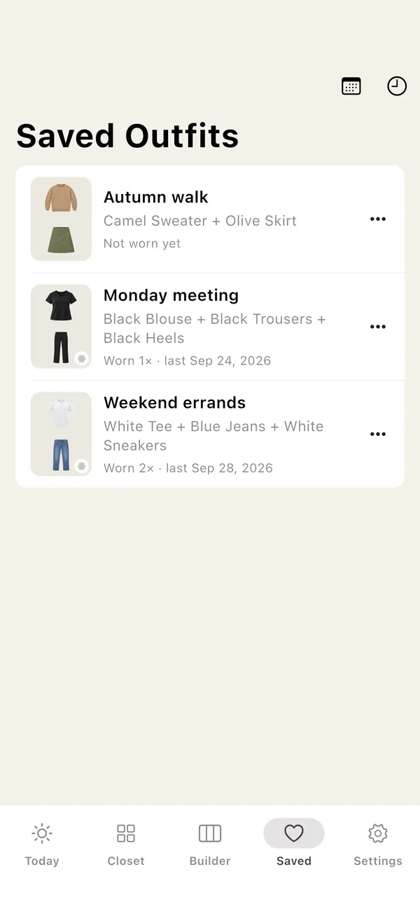 Saved Outfits list with outfit names and when each was last worn.