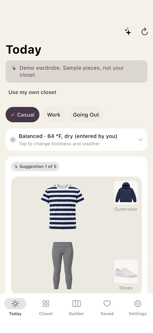 Today screen suggesting an outfit of a striped tee, grey trousers and a navy jacket from a demo wardrobe.